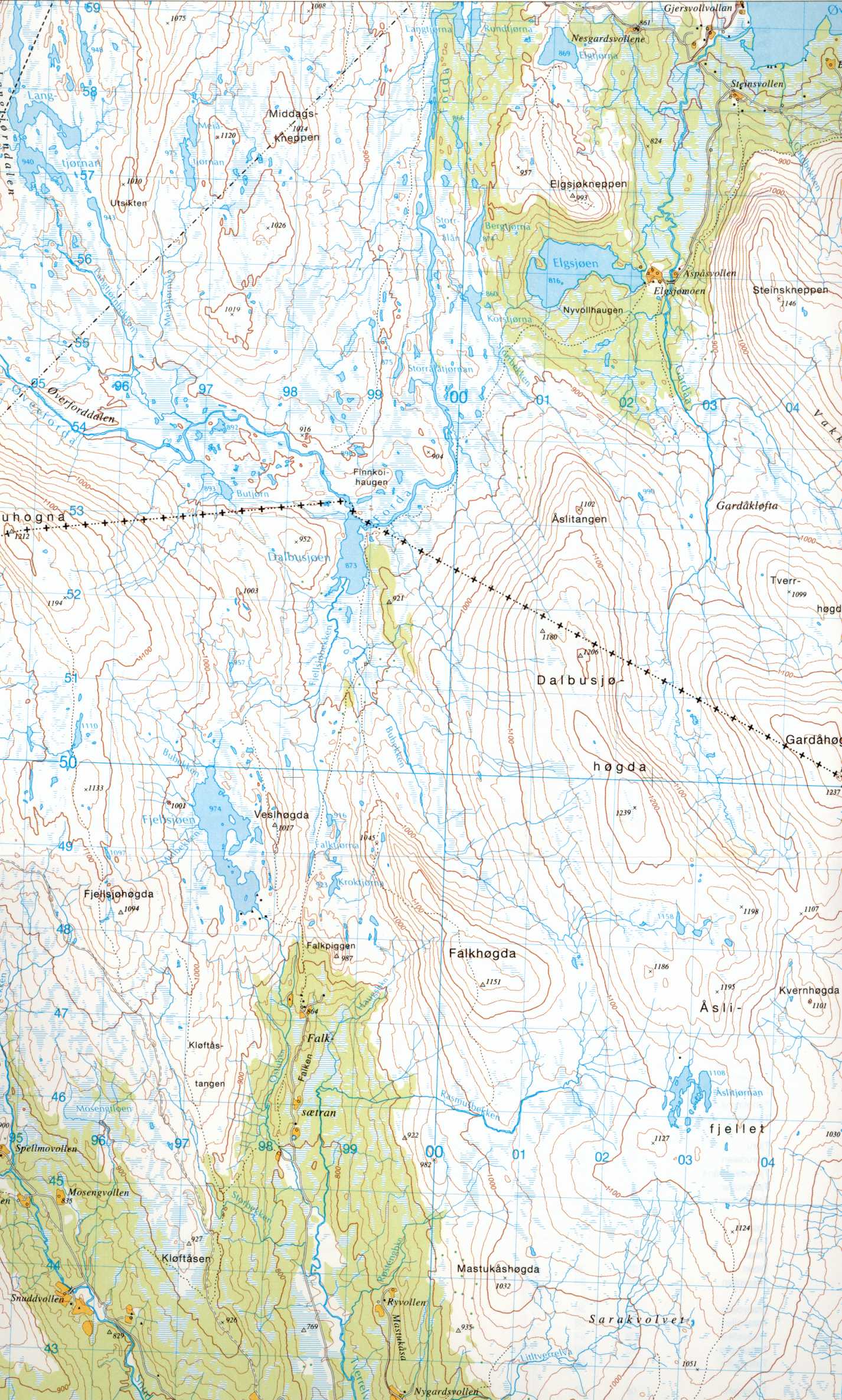 Kart over sørvestre del av Hessdalen