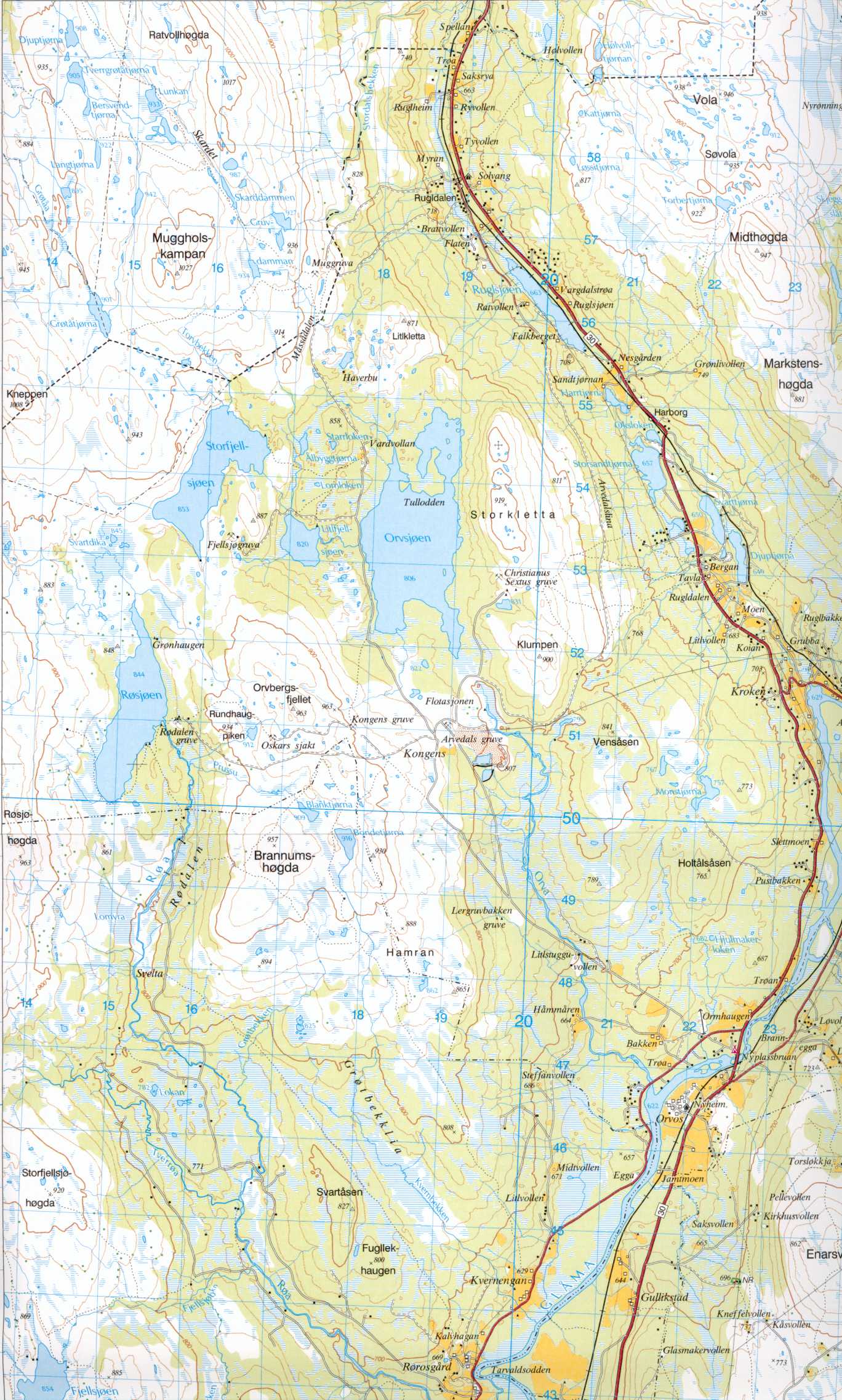 Kart over sørøstre del av Hessdalen